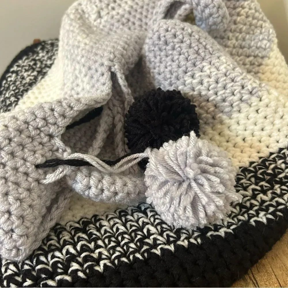 Large Homemade Hand Knit Soft Tote Basket Toy Storage Black Cream Gray Crochet